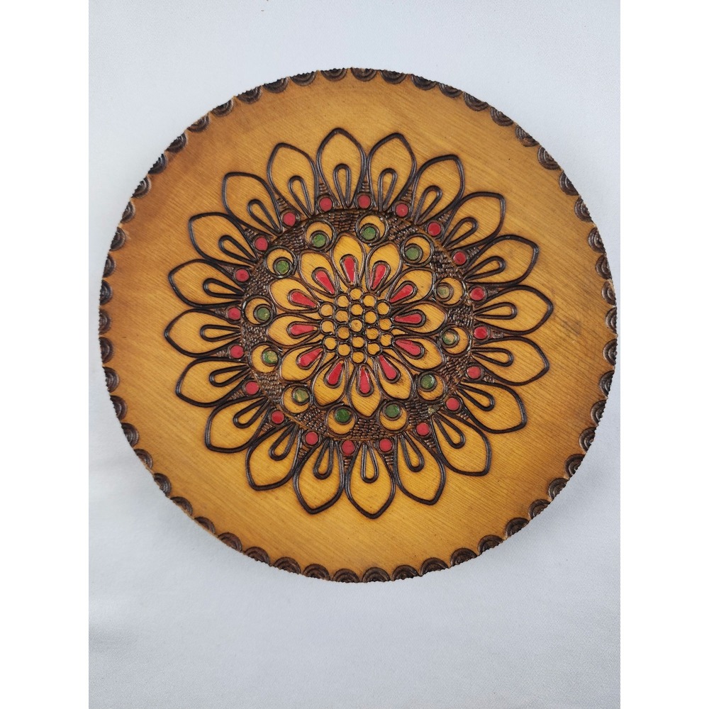 Vintage Polish Folk Art Hand Carved Wood Plate Floral‎ Mandala Gorlice Poland 6"